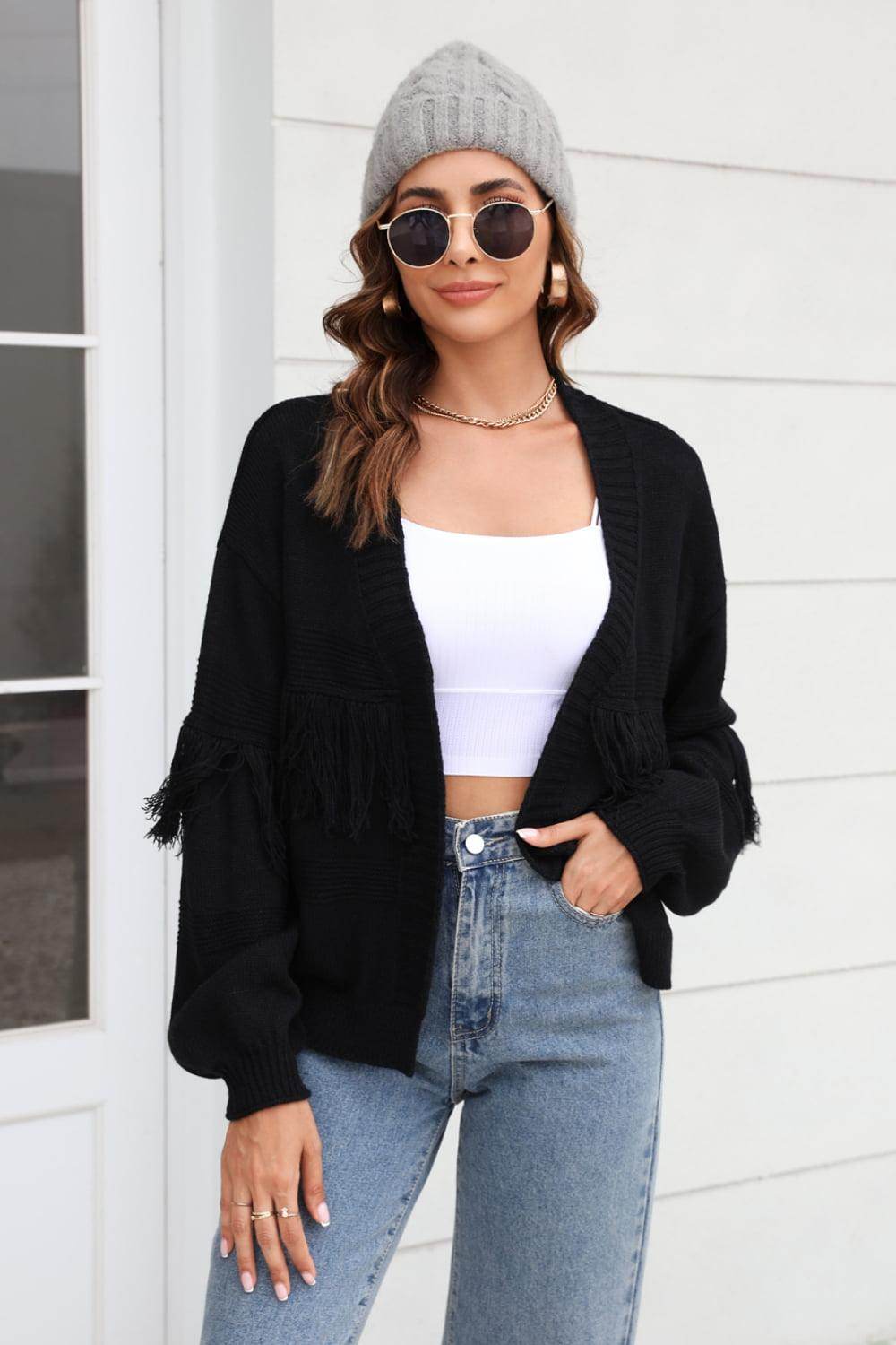 Trendsi Women's Black Fringe Trim Cardigan with Boho Style and Cozy Fit