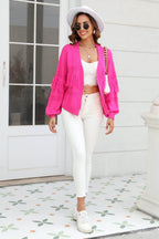 Trendsi Women's Fringe Trim Cardigan in Bright Pink with Puff Sleeves and Casual Style