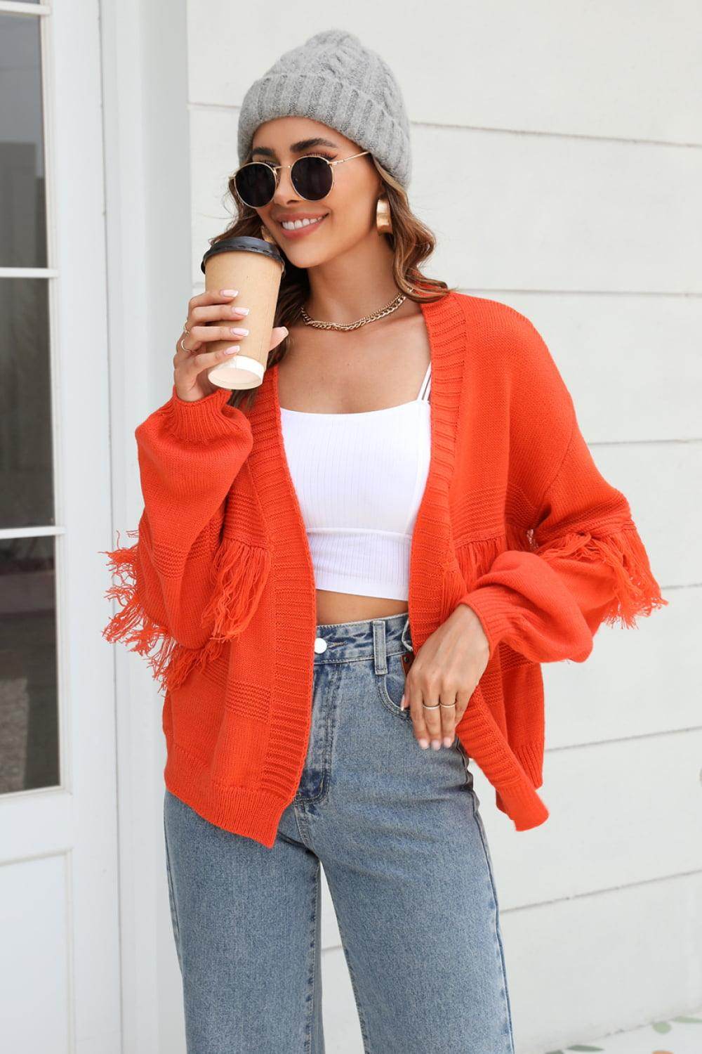 Trendsi Women's Fringe Trim Cardigan in Bright Orange, Stylish with Cozy Fit and Oversized Sleeves