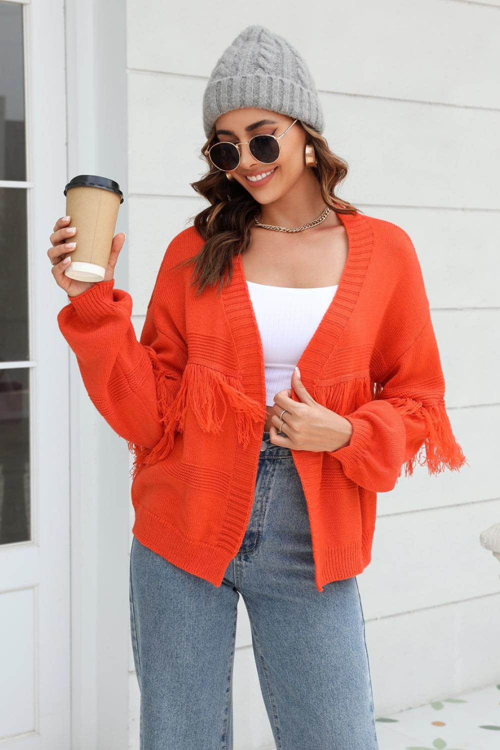 Trendsi Women's Fringe Trim Cardigan in Bright Orange with Stylish Fringes for a Trendy Look