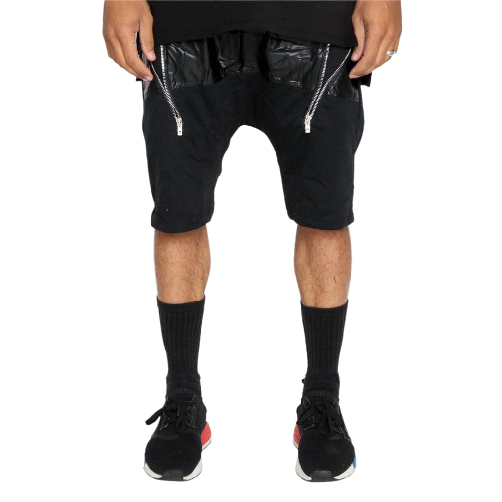 Men's front zip leather shorts with unique design and modern fit for casual wear