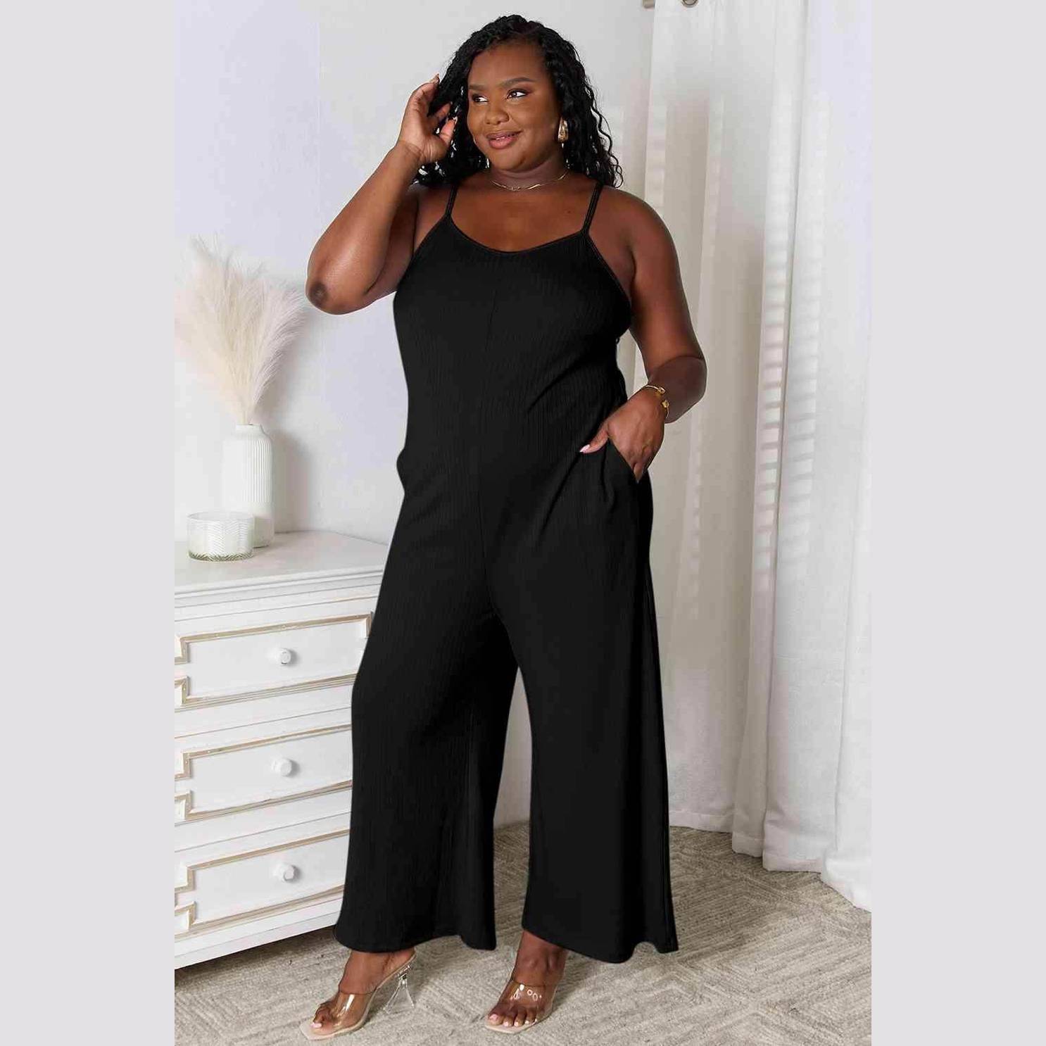 Trendsi full size summer jumpsuit in black with pockets, perfect for warm-weather occasions