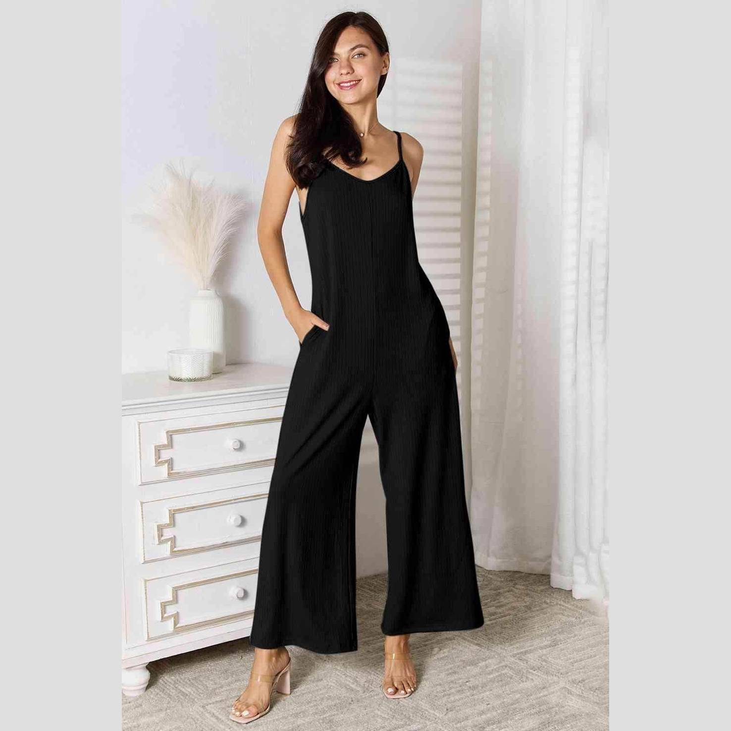 Trendsi full size summer jumpsuit in black with a relaxed fit and pockets for casual outings