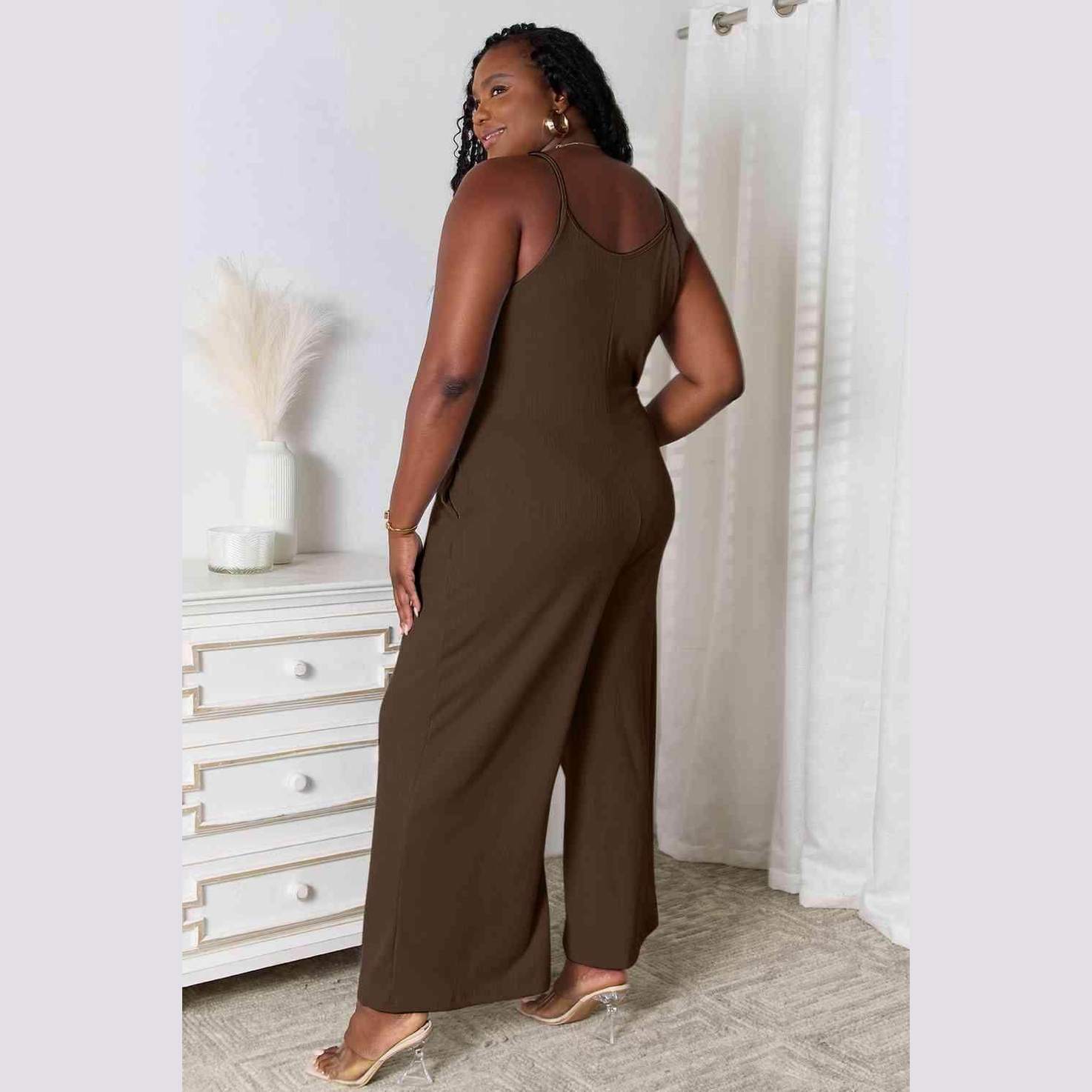 Trendsi full size summer jumpsuit in brown featuring a relaxed fit and wide legs, perfect for warm days