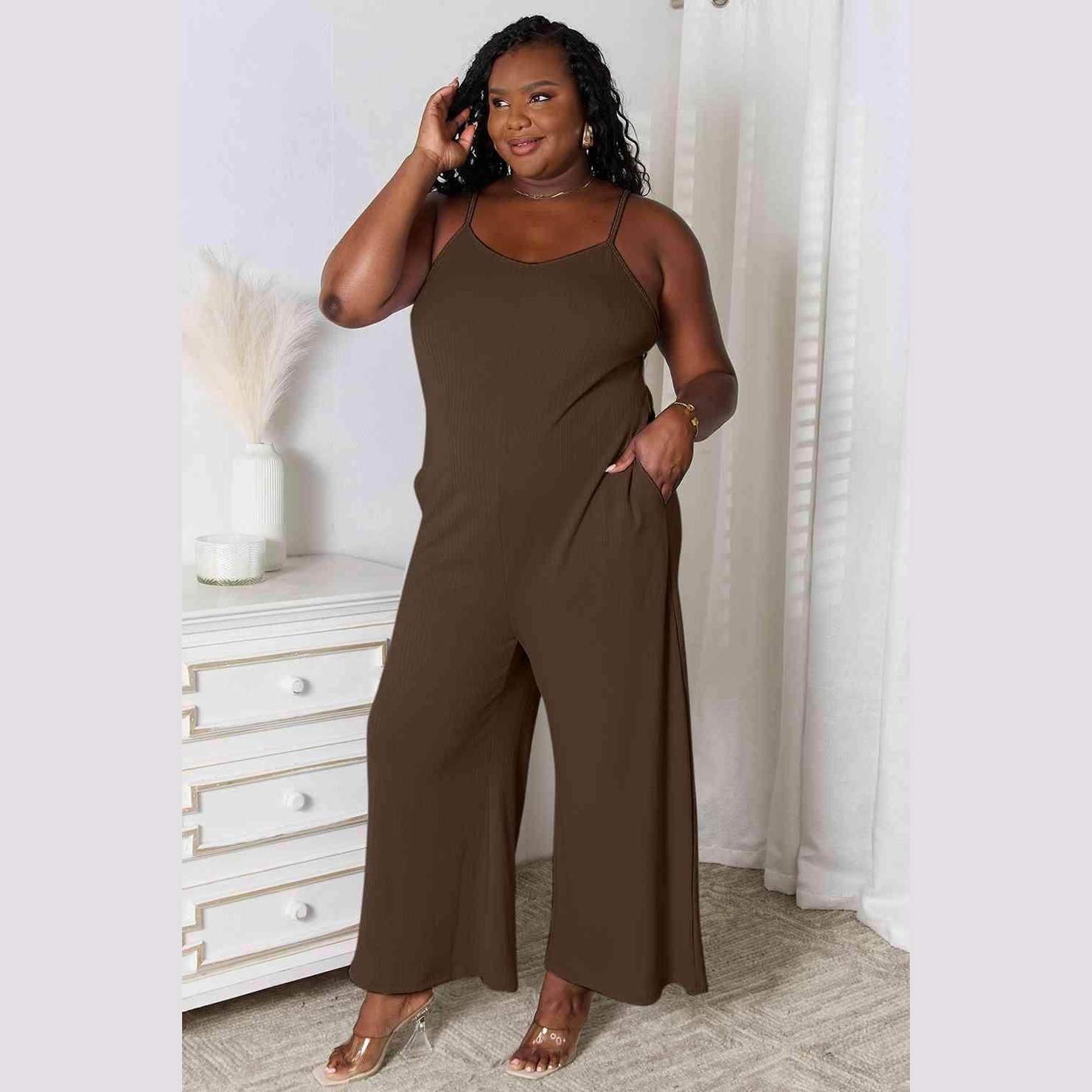 Trendsi full size summer jumpsuit in brown with adjustable straps and pockets for comfort and style