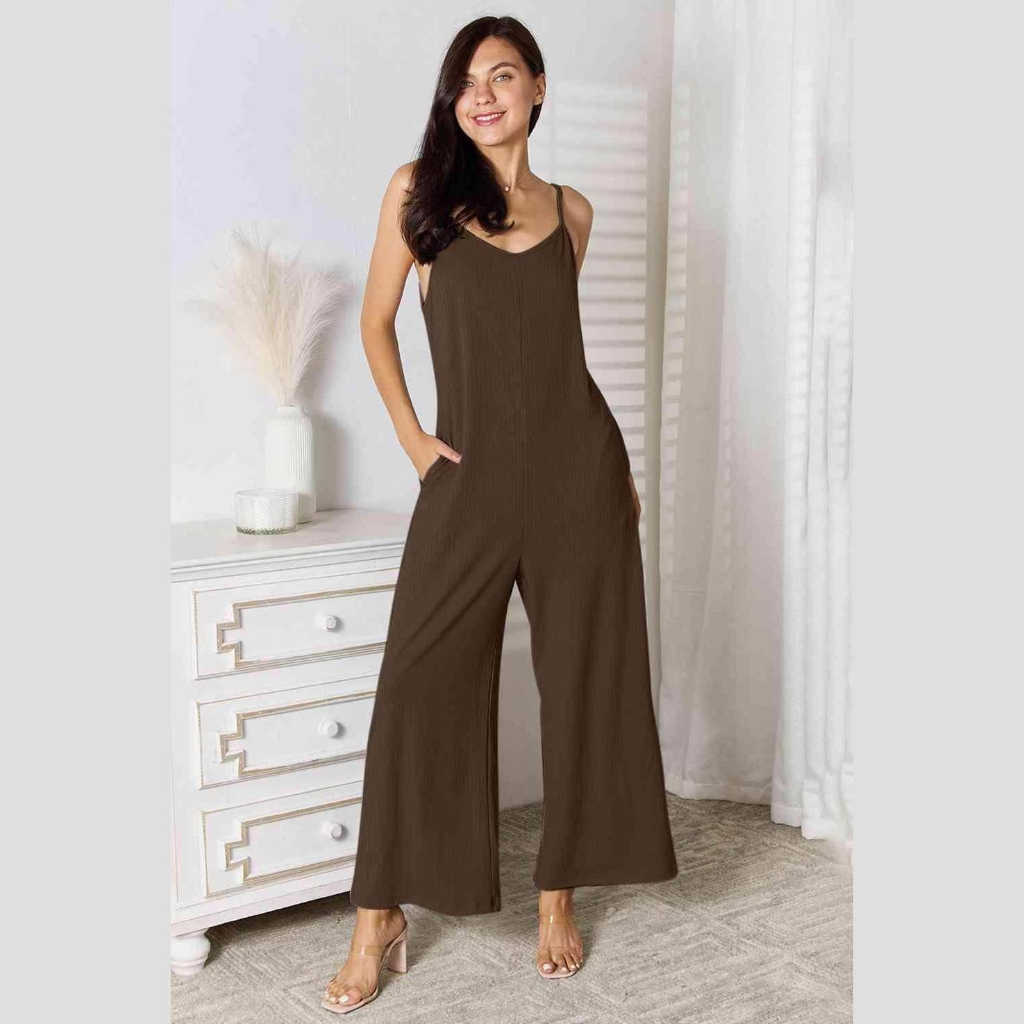Trendsi full size summer jumpsuit in brown with adjustable straps and pockets for casual style