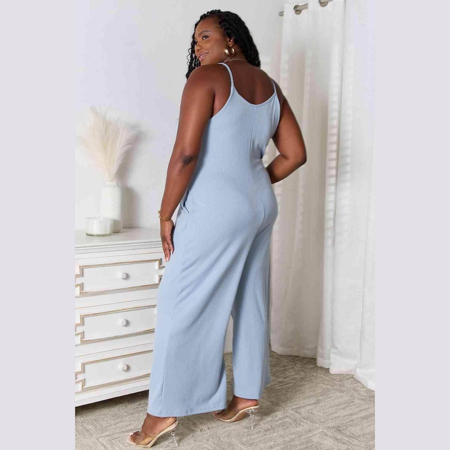 Trendsi full size summer jumpsuit in blue with wide legs and spaghetti straps for a stylish look