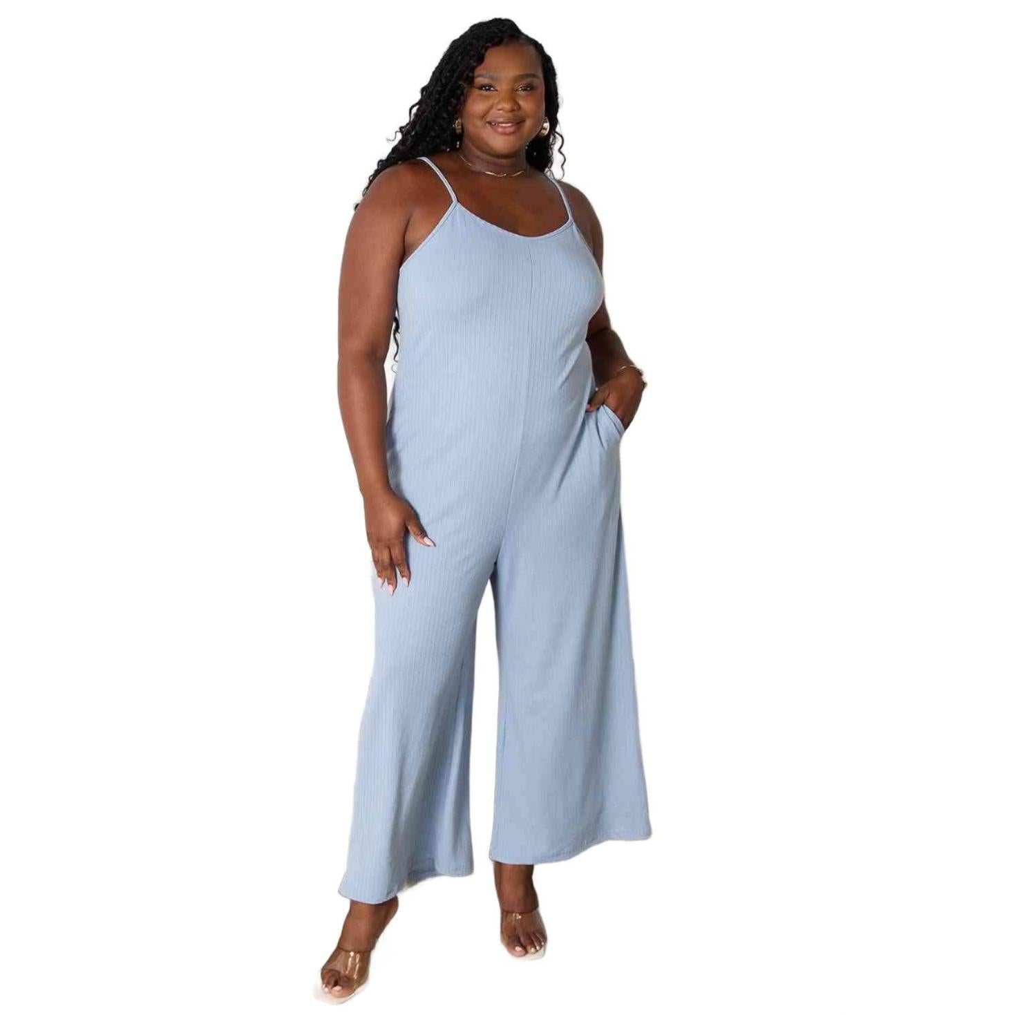 Trendsi full size summer jumpsuit in light blue with wide legs and adjustable straps