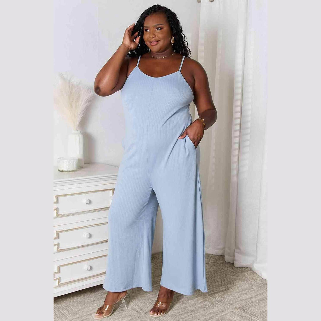 Trendsi full size summer jumpsuit in light blue with adjustable straps and pockets for casual elegance
