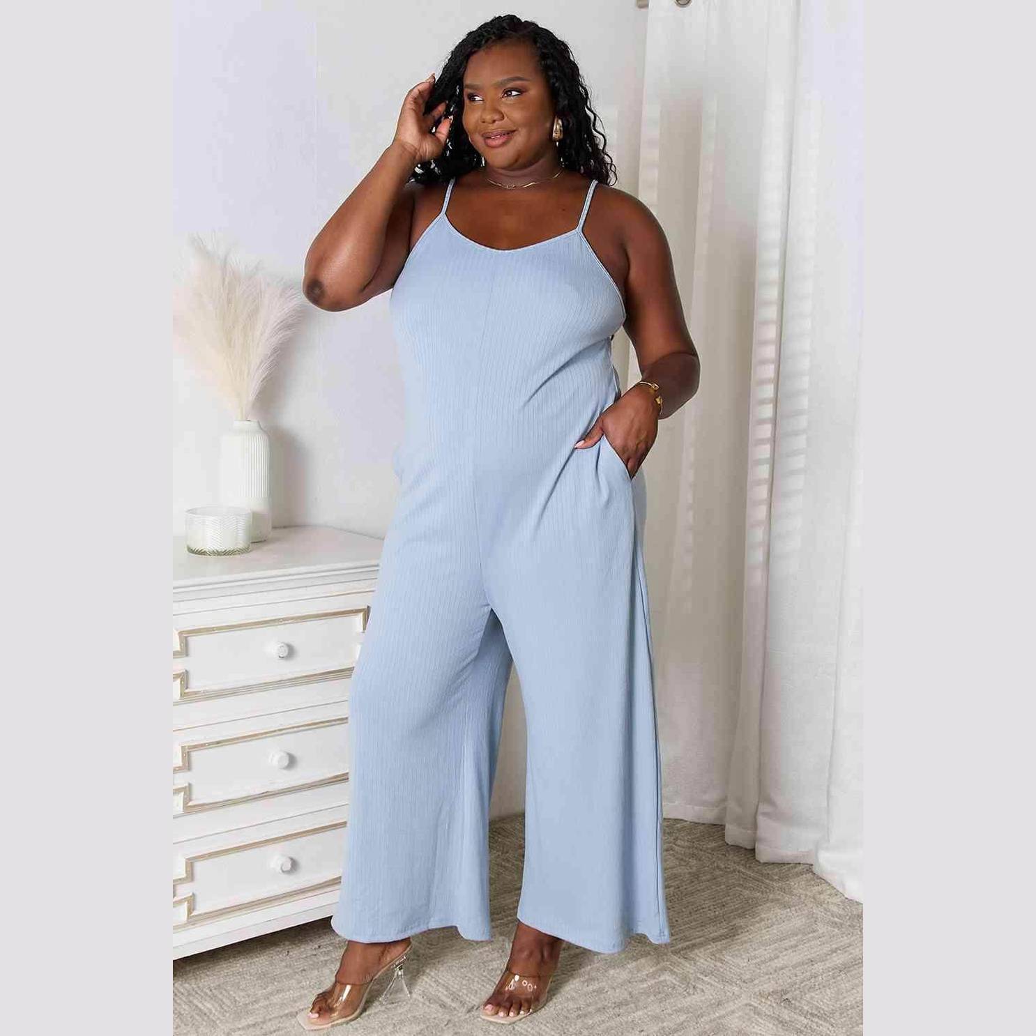 Trendsi full size summer jumpsuit in light blue with adjustable straps and pockets for casual elegance