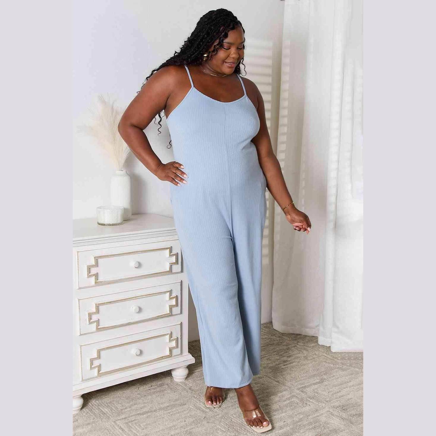 Trendsi full size summer jumpsuit in light blue with adjustable straps for comfortable styling
