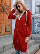 Women's Sweaters - Cardigans Full Size Zip-Up Longline Hoodie with Pockets