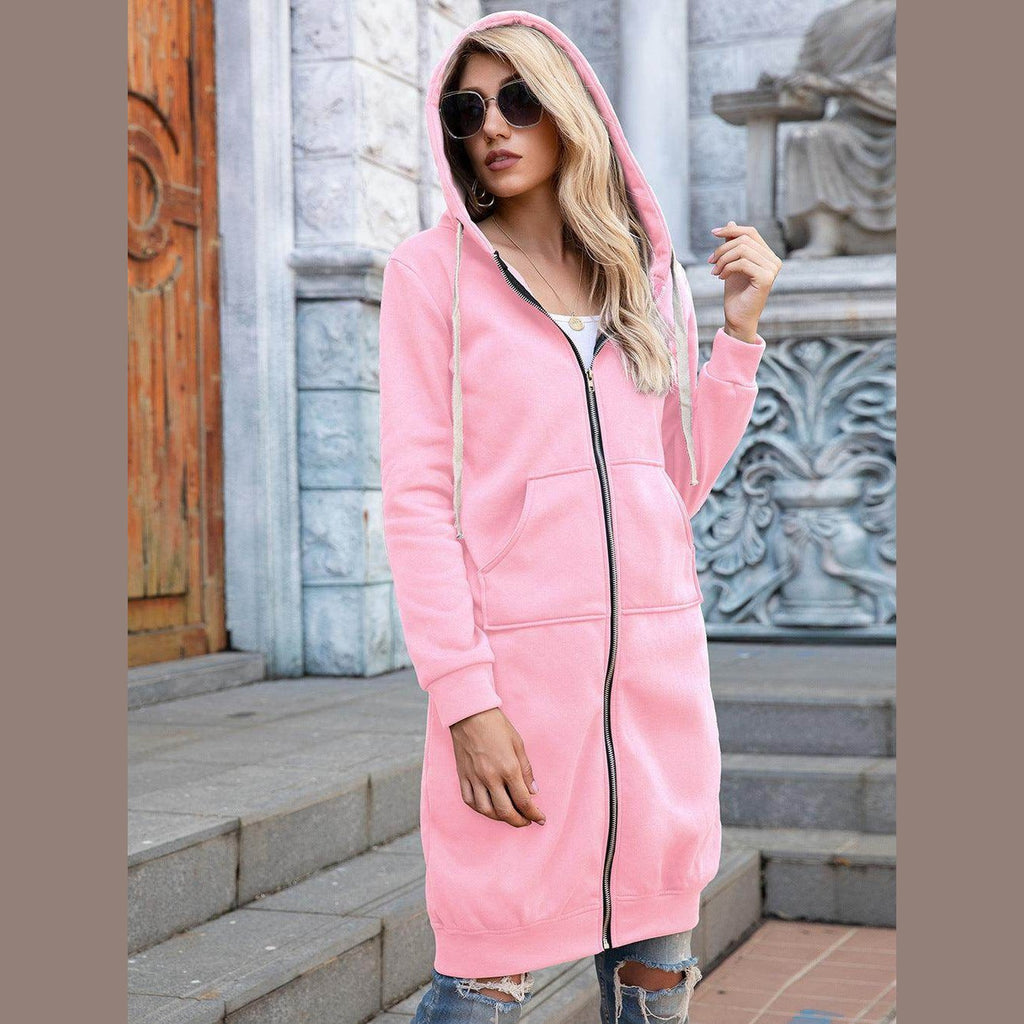 Full Size Zip-Up Longline Hoodie with Pockets - VacationGrabs