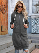 Women's Sweaters - Cardigans Full Size Zip-Up Longline Hoodie with Pockets