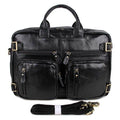 Genuine leather black briefcase with multiple zippered pockets and a detachable shoulder strap