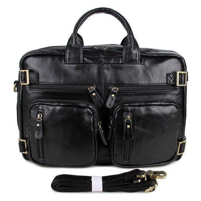 Genuine leather black briefcase with multiple zippered pockets and a detachable shoulder strap