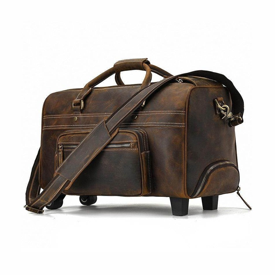 Genuine leather luggage bag from VacationGrabs featuring durable wheels and a spacious design