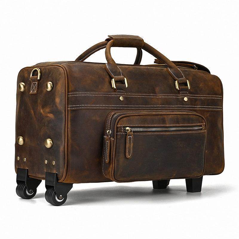 Genuine leather luggage bag with wheels and front zipper pocket for easy travel convenience