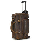Genuine leather luggage bag with wheels and multiple pockets for easy travel and organization