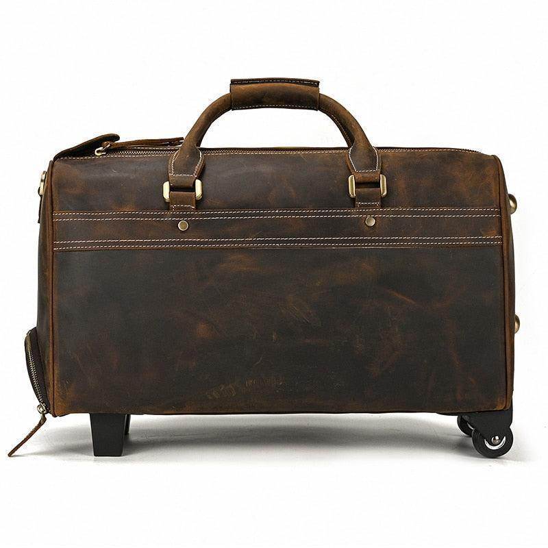 Genuine leather luggage bag from VacationGrabs with sturdy wheels and an elegant design