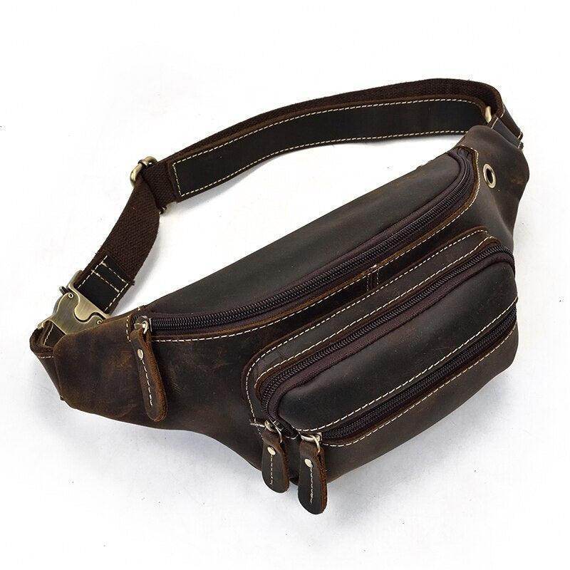 Genuine leather waist bag from VacationGrabs with multiple zippered pockets for convenience
