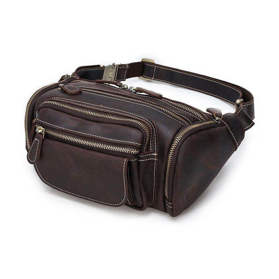 Genuine leather waist bag from VacationGrabs with multiple zippered pockets for versatile use
