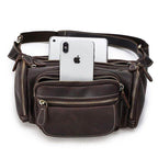 Genuine leather waist bag in brown with multiple zippered pockets for securing essentials
