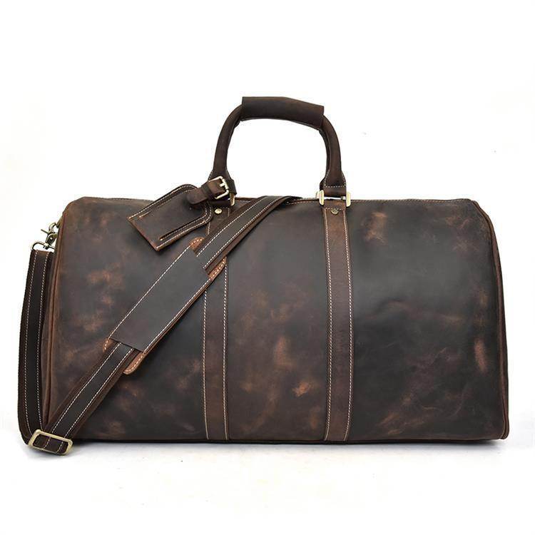 Genuine leather weekender bag by VacationGrabs featuring a spacious design and adjustable shoulder strap