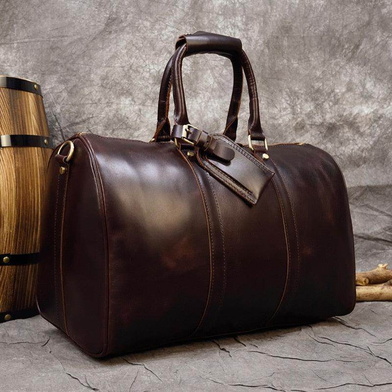 Genuine leather weekender bag with sturdy handles and stylish design for travel adventures