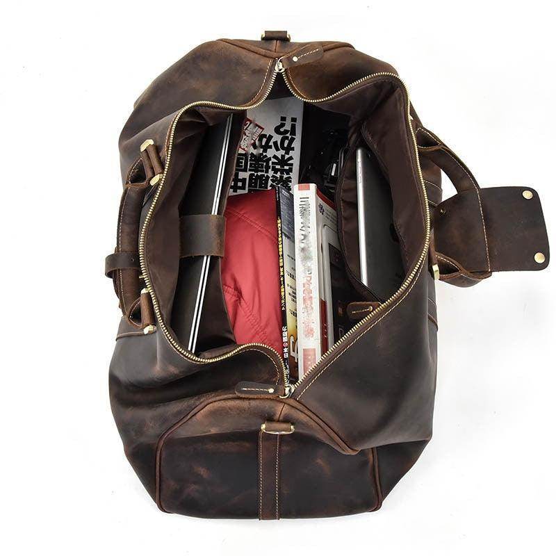 Genuine leather weekender bag with spacious interior for travel essentials and accessories