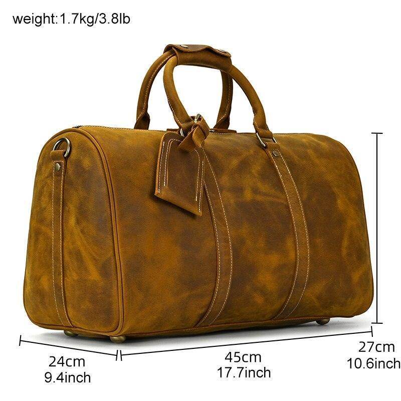 Genuine leather weekender bag in rich brown with sturdy handles and spacious design for travel