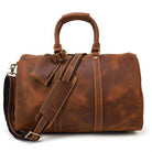 Genuine leather weekender bag in rich brown color with dual handles and adjustable shoulder strap