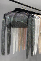 VacationGrabs glitter crop top in black with long sleeves, perfect for women's clubwear and nightlife outings