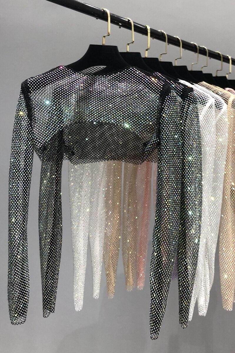 VacationGrabs glitter crop top in black with long sleeves, perfect for women's clubwear and nightlife outings