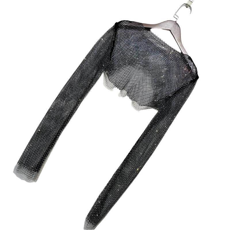 Black glitter crop top from VacationGrabs featuring long sleeves and a stylish design for women's clubwear