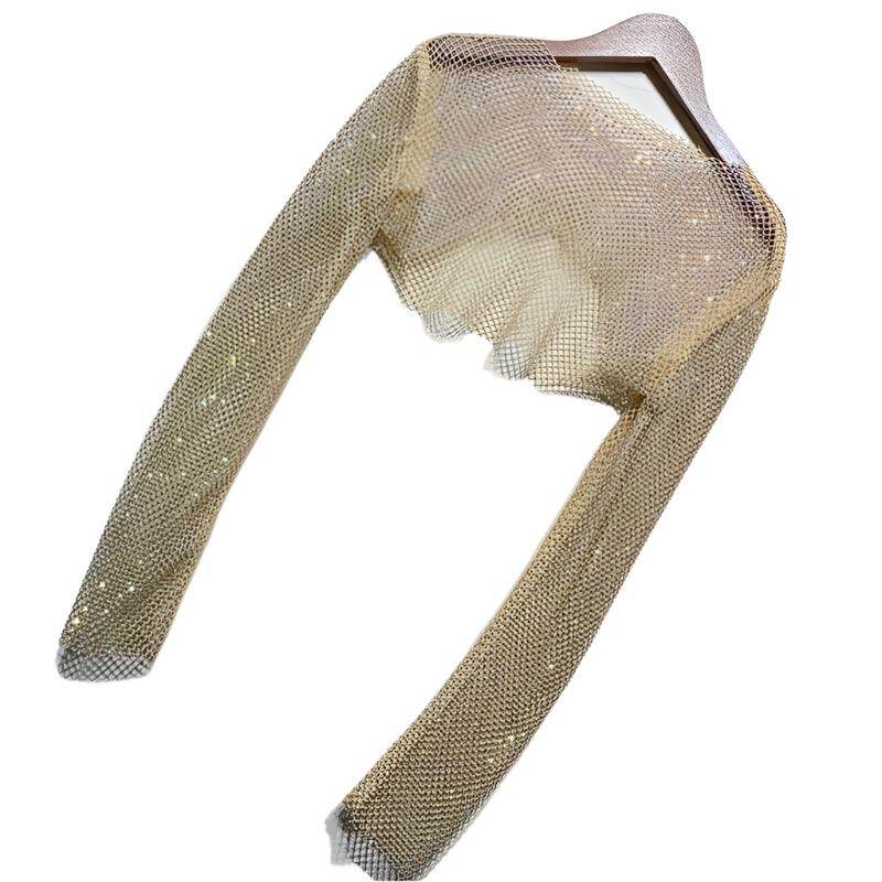 VacationGrabs glitter crop top in gold with long sleeves, perfect for women's clubwear