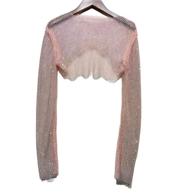 VacationGrabs Women's Glitter Crop Top in Sheer Mesh with Long Sleeves for Clubwear