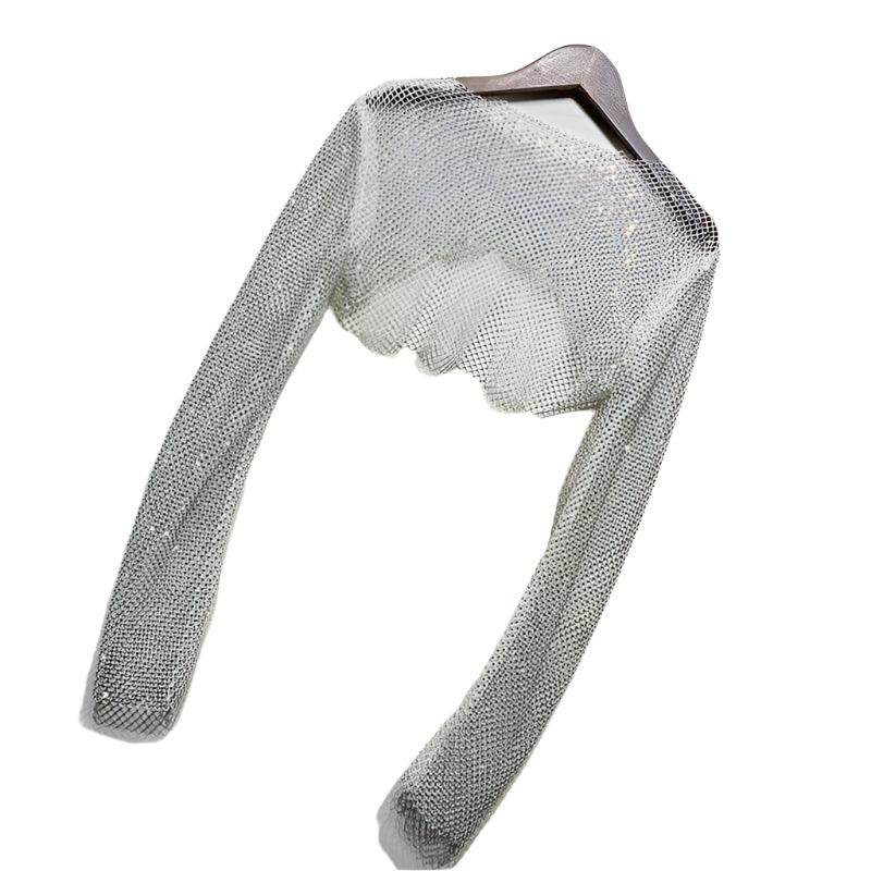 Shiny glitter crop top for women's clubwear with long sleeves and a trendy design