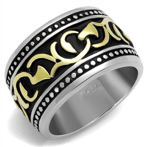 Stylish glyph design men's ring featuring a black and gold finish with intricate detailing
