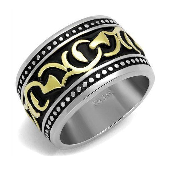 Stylish glyph design men's ring featuring a black and gold finish with intricate detailing