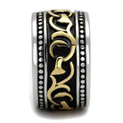 Stylish glyph design men's ring featuring black and gold accents with intricate detailing