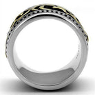 Stylish glyph design men's ring with intricate patterns in silver and gold tones