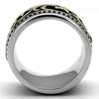 Stylish glyph design men's ring with intricate patterns in silver and gold tones