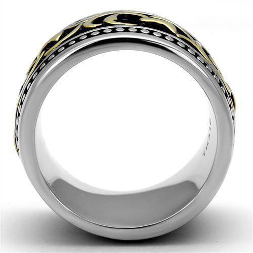 Stylish glyph design men's ring with intricate patterns in silver and gold tones