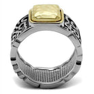 Stylish Gold and Black Mens Rings with a Hammered Gold Center and Intricate Silver Design