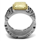 Stylish Gold and Black Mens Rings with a Hammered Gold Center and Intricate Silver Design