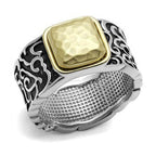 Gold and Black Mens Rings featuring a hammered gold top and intricate detailing on a silver band