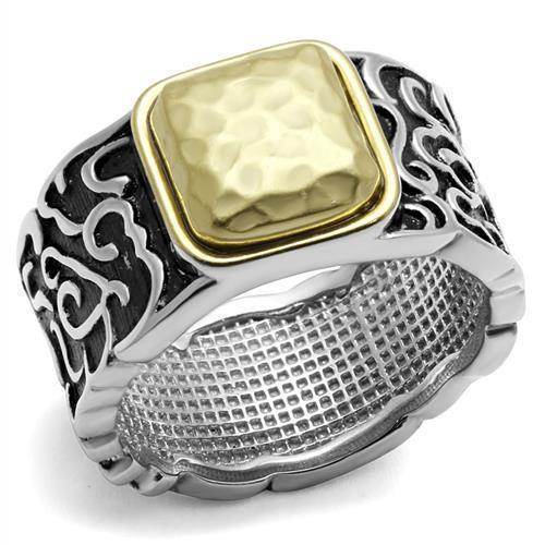 Gold and Black Mens Rings featuring a hammered gold top and intricate detailing on a silver band