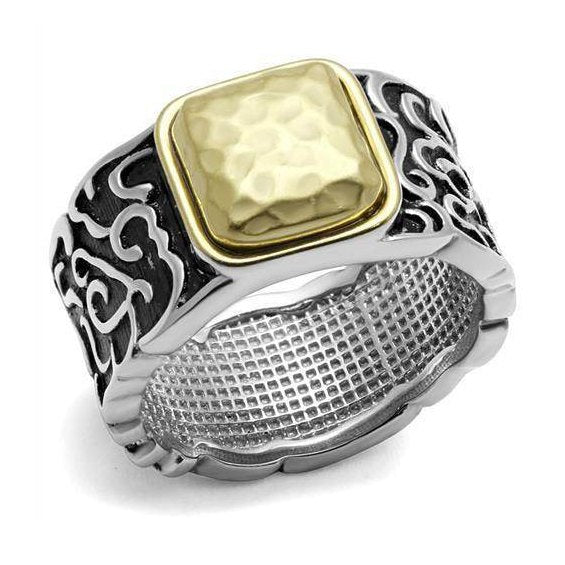 Gold and Black Mens Rings featuring a hammered gold top and intricate detailing on a silver band