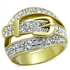 Stylish gold belt ring for women featuring sparkling rhinestones in a unique buckle design